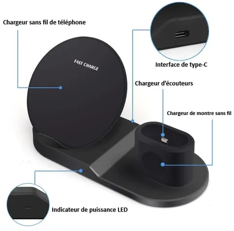 Chargeur sans fil 3 en 1 de Téléphones, Montres et Airpods Chargeur sans fil 3 en 1 de Téléphones, Montres et Airpods